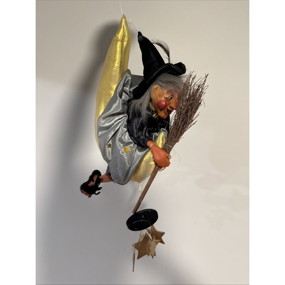 Kasma Flying Good Luck 18" Porcelain Face Witch On Broom W/ Moon Halloween Decor